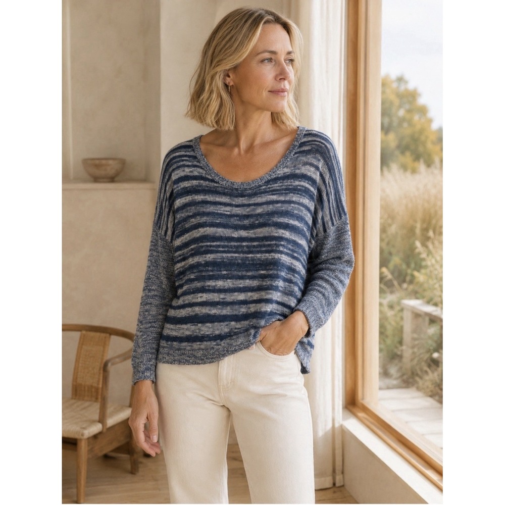 Eileen Fisher Womens L Organic Linen Cotton Slub Sweater Denim Blue Stripe Beach